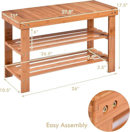 COSTWAY Bamboo Shoe Rack Bench 3-Tier Free Standing Wood Shoe Storage Organizer Shelf Holder Home Entryway Hallway Furniture Eco-Friendly (Natural)