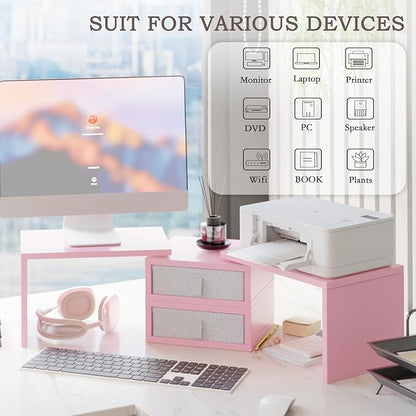 TEAMIX Pink Dual Monitor Stand Riser with 2 Drawers - Length and Angle Adjustable Double Corner Desk Shelf Organizer 37 inch for 2 Laptop/PC/Screen/TV (2 Drawers - 8''H)