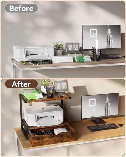 IBUYKE 2 Tier Desktop Printer Stand,Printer Table with Storage Shelf,Multi-Purpose Desk Organizer for Folders,Books,for Fax Machine, Scanner,Home Office,Brown TLJ015H