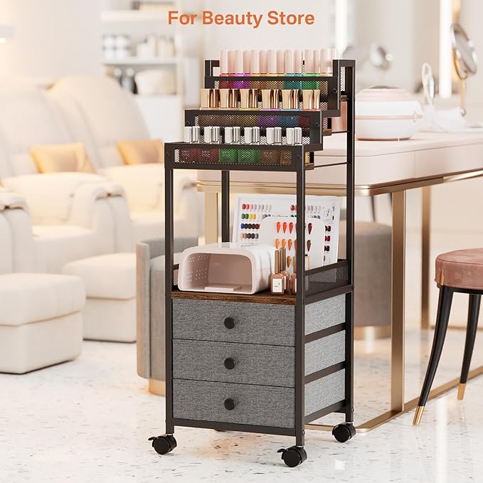 Display Riser Stand Perfume Cologne Organizer, Rolling Makeup Storage Cart with Fabric Drawers, Floor Vanity Cosmetics Display Cases for Skin Care Nail Polish Figures Rustic Brown Ladder Stand