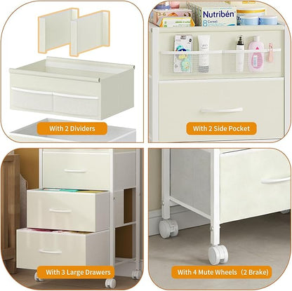 4-Tier Baby Diaper Caddy Organizer Cart with 3 Storage Drawers, Rolling Cart with Dividers & Side Pockets for Nursery, Baby Essentials, Toys, Wipes & Creams, Portable Baby Storage Cart & Station