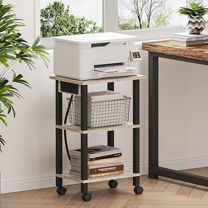 TUTOTAK 3 Tier Printer Stand, Rolling Printer Cart with Power Outlets and USB Ports, Mobile Printer Table with Wheels, for Under Desk, Office, Home, Greige PS02BG001