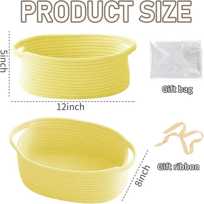 Woven Basket,Small Rope Storage Bin with Handles & Ribbon Bag, Organizer for Shelves Closets,Gift Basket Empty for Birthday,Books,Dog Toys, Yellow/2 Pack