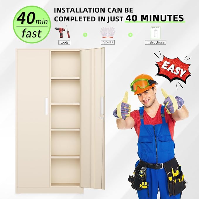 Bonusall 72" Metal Garage Storage Cabinet, 2 Locking Doors & 4 Adjustable Shelves Tall Storage, Heavy Duty Steel Tool Cabinet for Home, Office, Warehouse, School -Warm Gray