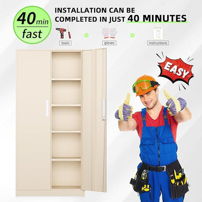 Bonusall 72" Metal Garage Storage Cabinet, 2 Locking Doors & 4 Adjustable Shelves Tall Storage, Heavy Duty Steel Tool Cabinet for Home, Office, Warehouse, School -Warm Gray