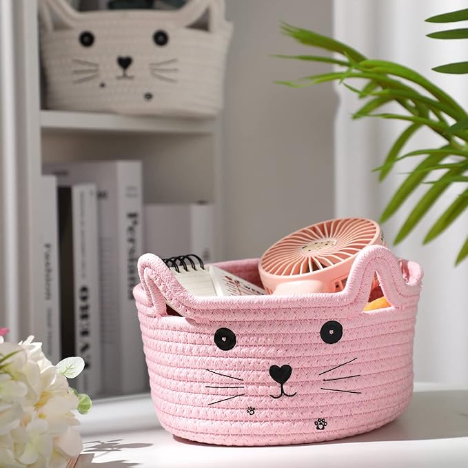 Zopeal Cat Basket Storage Woven Organizer with Ears Easter Decorative Gift Pet Toy Cute Cotton Rope Basket for Gift Cat Dog Toy Bin Nursery Room(8.3 x 4.7 Inch,Pink)