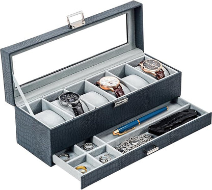 ProCase Watch Box, 6 Slot Watches Display Case with Drawer, Mens Watch Case with Glass Lid, 2-Layer Mens Jewelry Organizer Storage Holder, Birthday Valentine Gifts for Men -6 Slot, CrocCobaltBlue