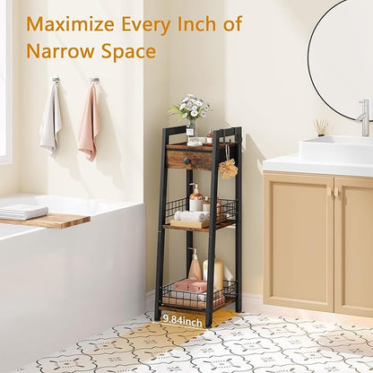 3-Tier Narrow Ladder Shelf with Drawer, Bathroom Table Stand for Small Space, Narrow Bathroom Standing Shelves with Storage for Living Room Bedroom Kitchen, Organizer Shelf, Rustic Brown