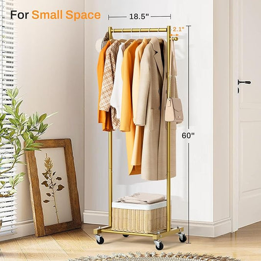 MISSLO Small Clothes Racks for Hanging Clothes Clothing Rack with Wheels 60" Garment Rack with Shelves Portable Rolling Wardrobe Rack for Small Space (Gold)