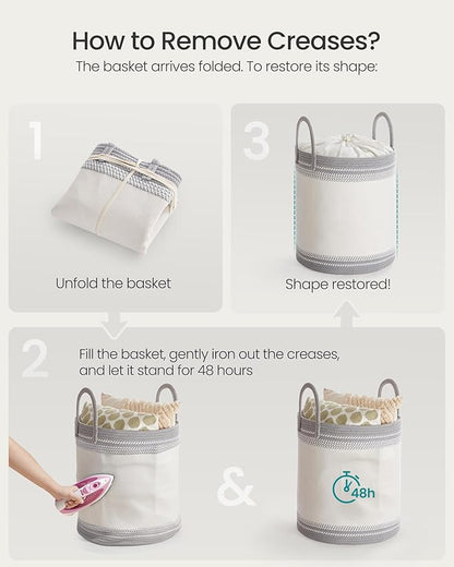 SONGMICS Laundry Hamper, Cotton Rope Laundry Basket with Handles, for Clothing, Living Room, Bedroom, 15.8 Gallons, 16.1 x 16.1 x 18.1 Inches, Cloud White and Dove Gray URLH060G01