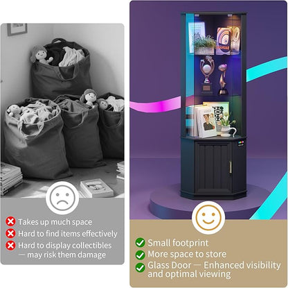 HNEBC 69" Tall Curio Display Cabinet with Glass Door and Movable Shelves,Corner Bookcase with LED Human Sensor Lights,5-Tier RGB Display Case for Collectibles,Bedroom Living Room