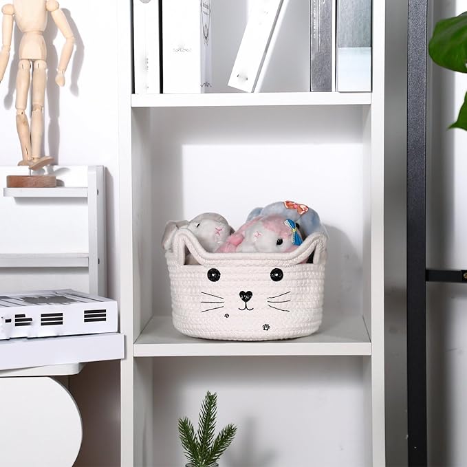 Zopeal Cat Basket Storage Woven Organizer with Ears Easter Decorative Gift Pet Toy Cute Cotton Rope Basket for Gift Cat Dog Toy Bin Nursery Room(8.3 x 4.7 Inch,White)
