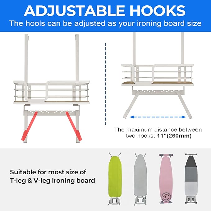 TJ.MOREE Over The Door/Wall Mount Ironing Board Hanger, Laundry Room Iron and Ironing Board Caddy Storage for Water Mister, Fabric Sprays, Laundry Detergent, White
