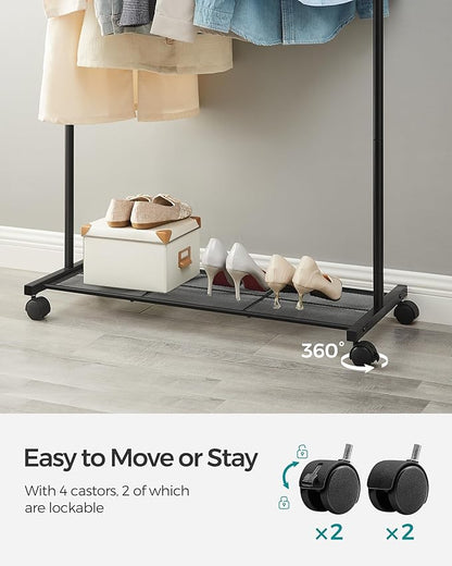 SONGMICS Clothes Rack with Wheels, Clothing Rack for Hanging Clothes, 25.4 mm Metal Garment Rack with Dense Mesh Storage Shelf, 110 lb Load Capacity, 2 Brakes, Black UHSR25BK