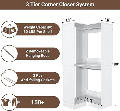 Armocity Corner Closet System, 32 Inches Wide Wood Unit with 2 Hanging Rods and All Hardware Kits, 3-Tier 80'' Height Wood Closet Tower, White