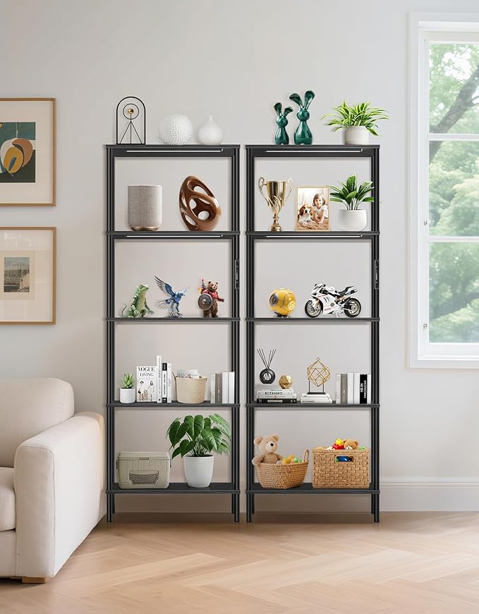 5 Tier Bookshelf with LED Light, Dimmable Bookcase with Touch & Remote Control, 3 Color Temperatures, Tall Modern Display Standing Shelf for Living Room, Bedroom, Home Office (Black)
