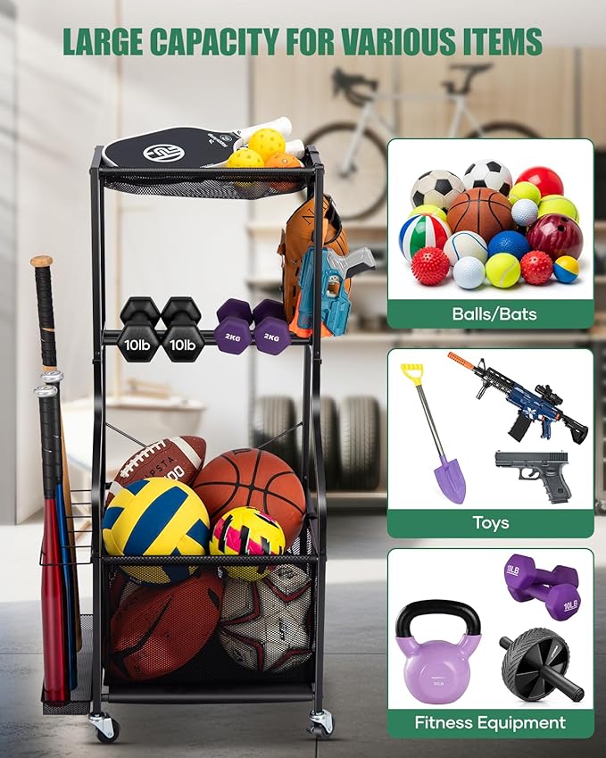 Sports Equipment Garage Organizer - Rolling Ball Storage with wheels, 3-Tier Sports gear Storage Rack Indoor & Outdoor Balls Cart with Hooks for Home, Garage (Black)