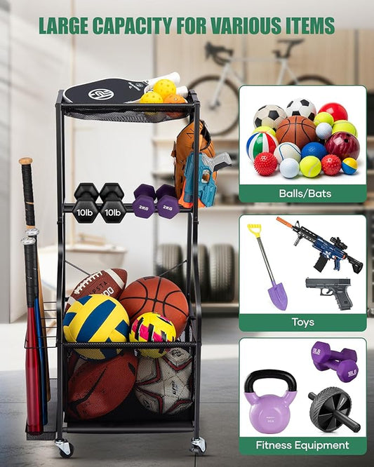 Sports Equipment Garage Organizer - Rolling Ball Storage with wheels, 3-Tier Sports gear Storage Rack Indoor & Outdoor Balls Cart with Hooks for Home, Garage (Black)