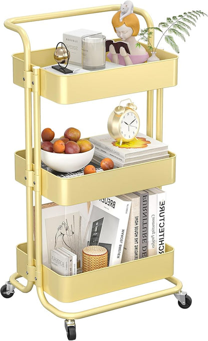 3-Tier Metal Rolling Cart with Wheels, Utility Storage Cart, Multifunctional Organizer Storage for Kitchen, Bedroom, Office, Laundry Room, Dorm Room Essentials (Cream Yellow)