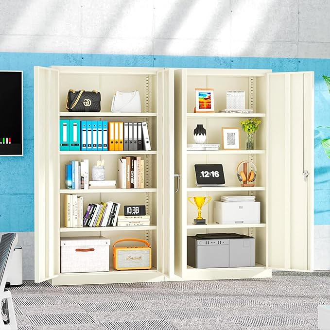 Bonusall Mental Garage Cabinets with 2 Door and 4 Shelves, Locking Cabinet with for Tool，Tall Garage Storage Cabinets for Home Office, Warehouse，School(Grey)