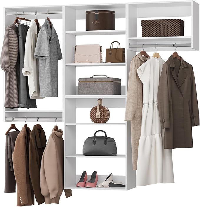 ROOMTEC Modular Closet System, 96" Wall-Mounted Closet Organizer with Hanging Rods, Modern Wooden Tower for Walk-In Closets, Wardrobe Storage Kit, White