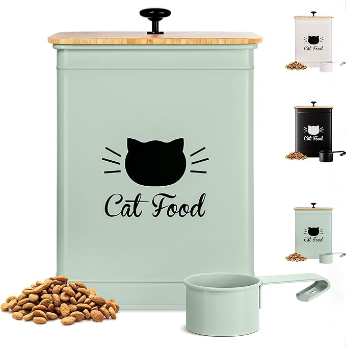 Cat Food Storage Container with Scoop - 5-7lb (25 Cup) Capacity Metal Cat Kibble Canister with Airtight Bamboo Lid and Metal Scoop - Airtight Pet Food Storage Containers 5 lb - 7 lb Kibble Container