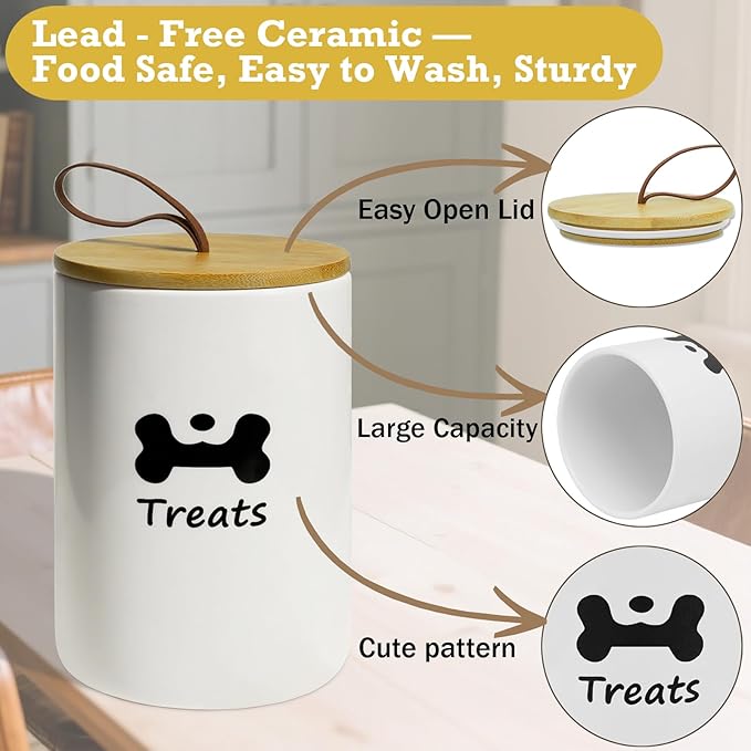 Dog Treat Container Airtight - 5 Inch Wide x 7.5 Inch White Ceramic Dog Treat Jar for Kitchen Counter, Doggie Cookie Jar with Airtight Bamboo Lid - Farmhouse Style Dog Food Storage Container