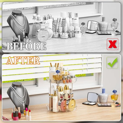 Yieach Clear 360 Rotating Bathroom Counter Organizer,2 Tier Spinning Perfume Organizer and Makeup Tower for Lotion,Hair,Face Skincare Beauty Products,Tiered Lazy Susan and Makeup Organizers for Vanity