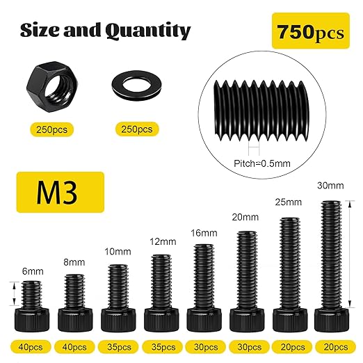 750PCS M3 Screws Assortment Kit, M3x6/8/10/12/16/20/25/30 mm Hex Socket Head Bolts, Nuts & Washers Assorted Set - 12.9 Alloy Steel Black Zinc Plated M3 Screw for 3D Printer,DIY