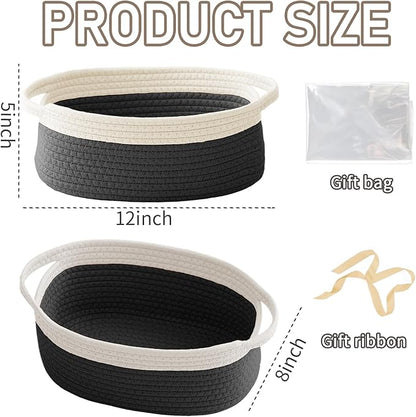 Woven Basket, Small Rope Storage Bin with Handles & Ribbon Bag, Organizer for Shelves Closets,Gift Basket Empty for Birthday,Books,Dog Toys,White&Black/2 Pack