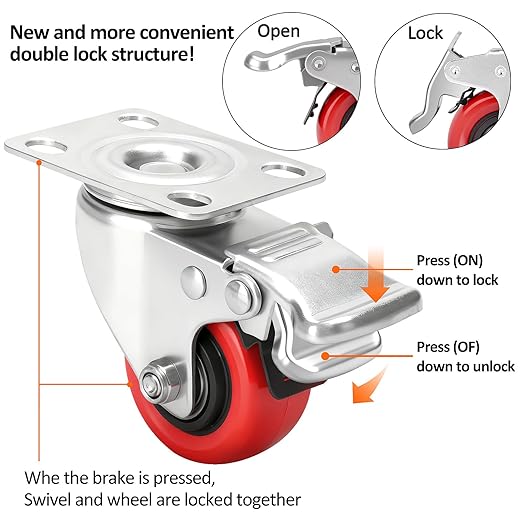 2 Inch Industrial Heavy Duty Swivel Caster Wheels with Brake,Set of 4 Safety Locking Casters,Load 600lbs,Premium Polyurethane Wheels for Table,Trailer,Saw Table,Stage Toolbox,Bed,Corn Board