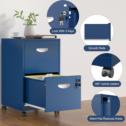 2 Drawer File Cabinet with Lock,Blue Rolling File Cabinet for Home Office,Printer Stand, Metal Small Mobile Filing Cabinets on Wheels for Hanging Letter