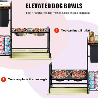 Elevated Dog Bowl Stand with Toy Basket Adjustable Metal Feeding Station Cabinet with Non-Slip Silicone Mat Pet Storage Organizer for Large Medium Small Dogs and Cats Black Include 2 Dog Bowl