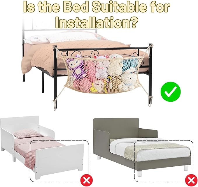 2 Pack Stuffed Animal Storage Net for Kids, Bedside Toy Organizer Net - Neatly Store Your Stuffed Animals, Cotton Bedside Stuffed Animal Storage Net with Tether, Stretches up to 35 Inches, Beige