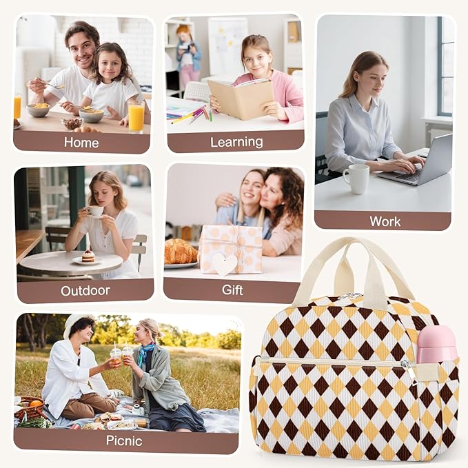 Lunch Box for Women, Cute Corduroy Grid Insulated Lunch Bag Women Reusable Work Leakproof Simple Adults Large Lunch Boxes Tote Bag Men Cooler Bag