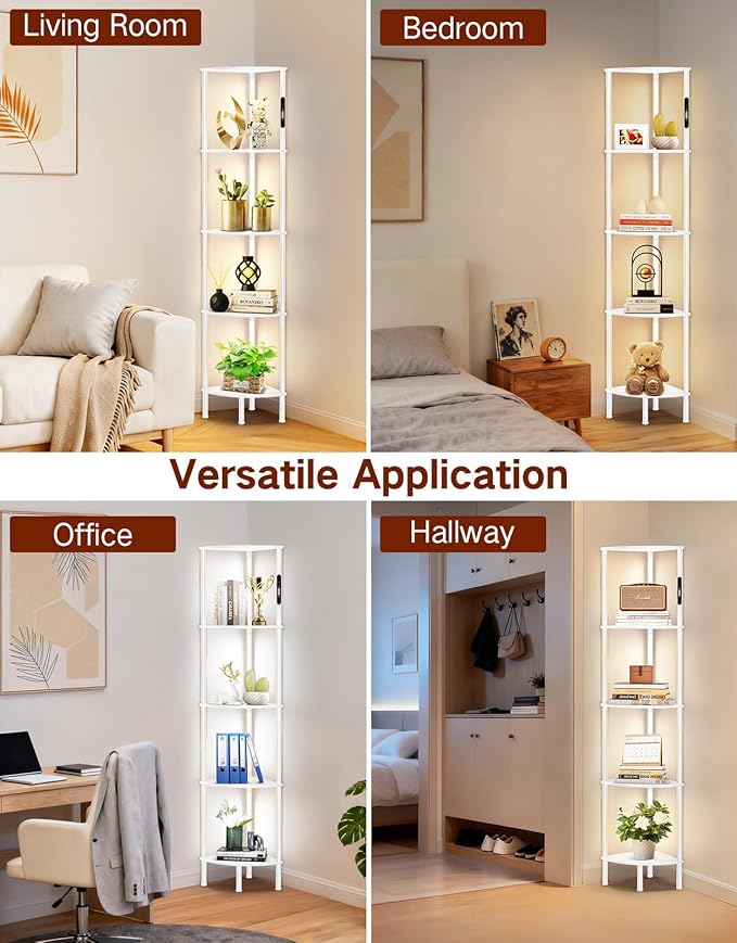 5-Tier Corner Bookshelf with LED Lights, Touch & Remote Control, 3 Color Temperatures, Dimmable Narrow Display Shelf with 1-Hour Timer for Living Room, Bedroom, Office (White)