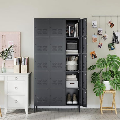 Letaya Metal Lockers for Employees-15 Door Storage Locker with Shelves and Lockable Steel Cabinet for School,Gym,Office,Staff(Black, 15 Door)