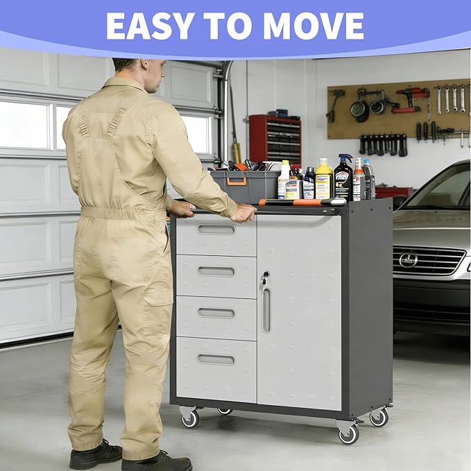 Metal Garage Storage Cabinet on Wheels, Lockable Rolling Tool Cabinet with Drawer and Shelves, Heavy Duty Mobile Steel Cabinet for Garage Warehouse Workshop