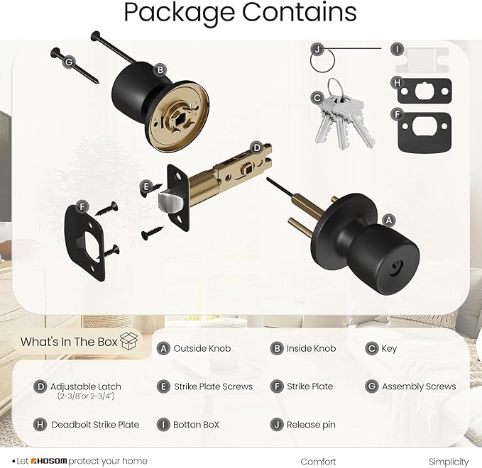 HOSOM Door Knob with Lock and Key, Matte Black Door Knobs Exterior Door Knob for Bedroom and Bathroom, Keyed Entry Door Knob Interior, Stainless Steel Door Handle,1 Pack