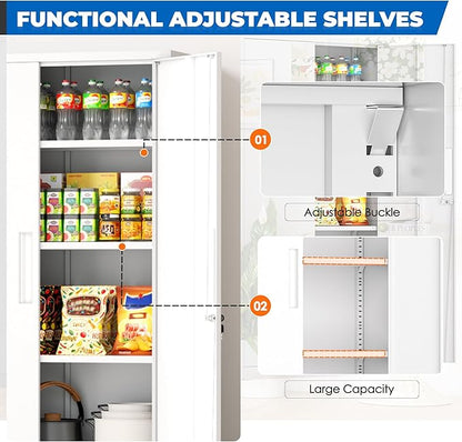 INTERGRAET 63" H Pantry Cabinet, Kitchen Pantry Storage Cabinets with 2 Doors and 4 Shelves,White Metal Storage Cabinet,Cupboard for Home,Kitchen,Living Room/Dining