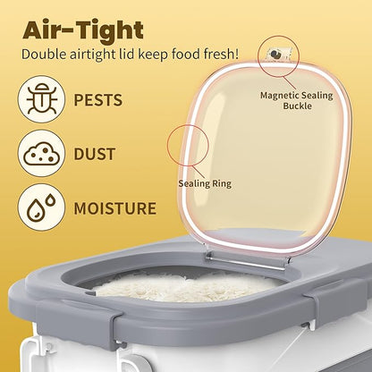 HOYTAMDA 25-35Lbs Rice Container,Collapsible Airtight Food Storage Containers with Wheels,Handle,Rice Storage Container with Small Bin and Scoop,Rice Dispenser for Flour Sugar Cereal Grain Dog Cat