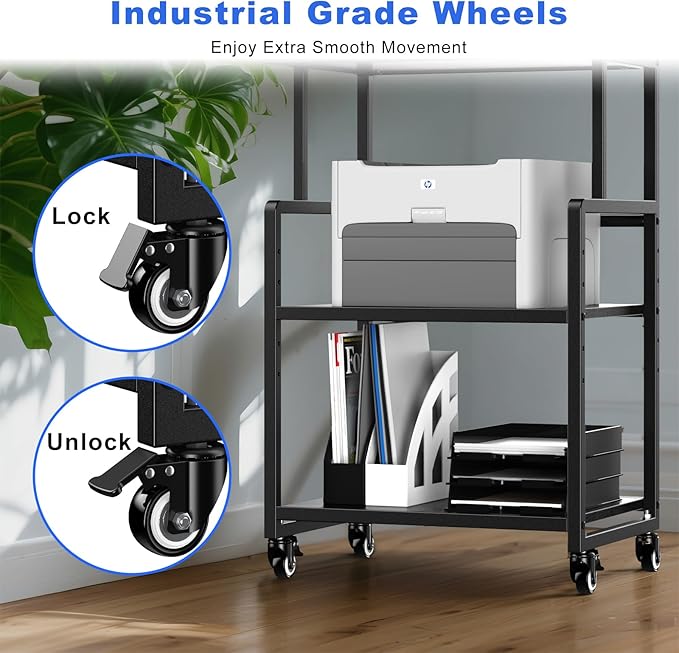 Printer Stand, 3 Tier Mobile Printer Table for Home Office, 21.3 x 15.7 Inch Rolling Height Adjustable Storage Shelf, Printer Cart with Wheels for Heat Press Scanner Fax, Black