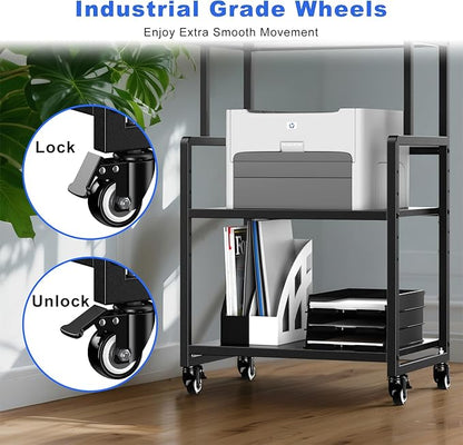 Printer Stand, 3 Tier Mobile Printer Table for Home Office, 21.3 x 15.7 Inch Rolling Height Adjustable Storage Shelf, Printer Cart with Wheels for Heat Press Scanner Fax, Black