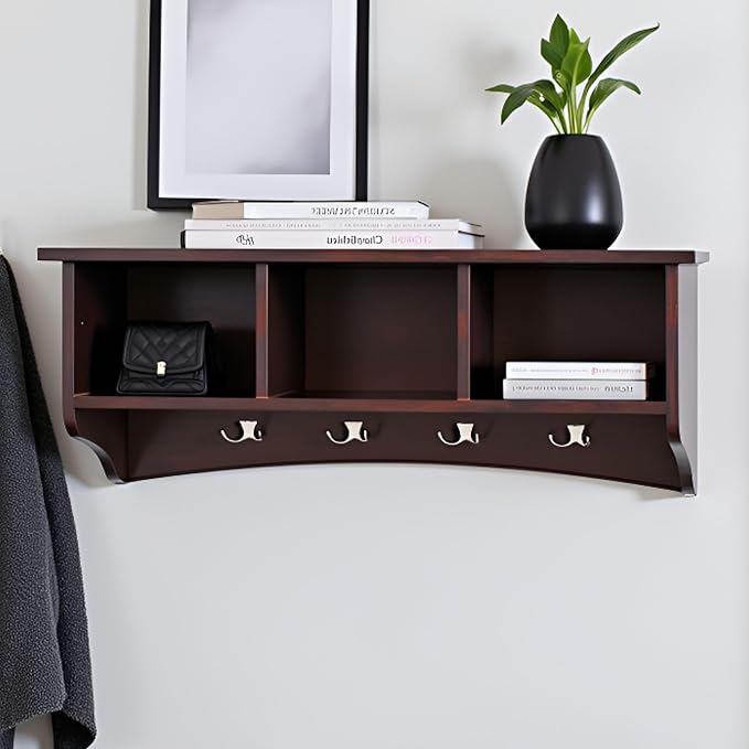 Shaker Cottage Wall-Mounted Coat Rack with 3 Storage Cubbies and 4 Hooks – Space-Saving Storage Rack and Wall Shelf Organizer for Entryway, Hallway, or Mudroom by Alaterre Furniture (Espresso Finish)