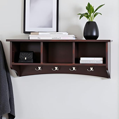 Shaker Cottage Wall-Mounted Coat Rack with 3 Storage Cubbies and 4 Hooks – Space-Saving Storage Rack and Wall Shelf Organizer for Entryway, Hallway, or Mudroom by Alaterre Furniture (Espresso Finish)