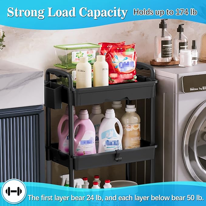 3 Tier Rolling Storage Carts with Removable Drawers, Lockable Wheels, Hooks & Cup Holders – Easy Assembly Storage Organizer for Kitchen, Bathroom, Office, Craft Room, Makeup, Black