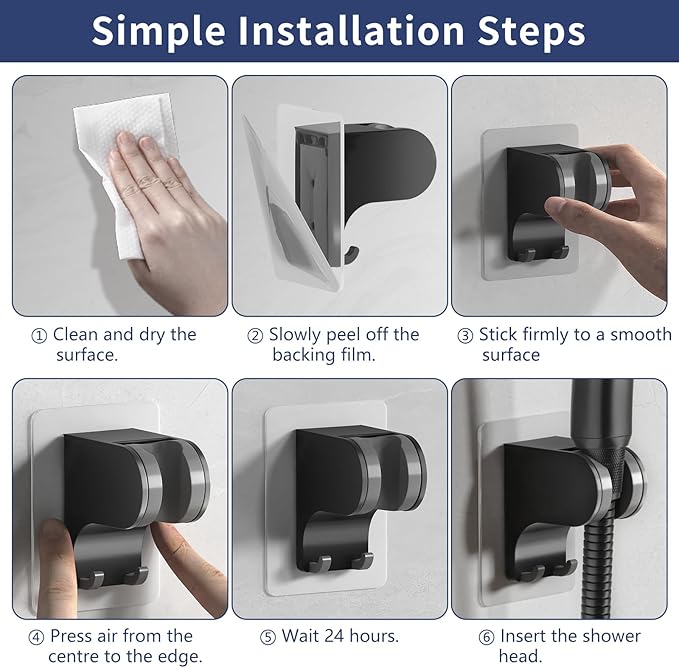 HANLIAN Strong Adhesive Handheld Shower Head Holder Without Drilling, 50° Adjustable Shower Wand Holder Wall Mount with Hooks, Waterproof Hand Held Showerhead Bracket with Hanger(Black, 1 Piece)