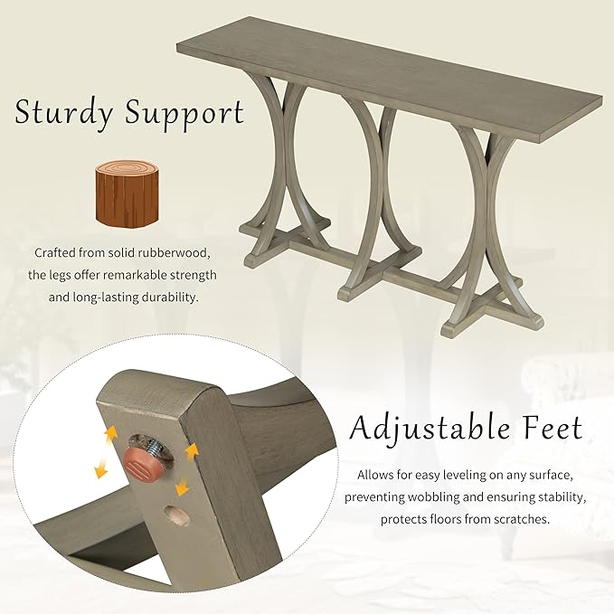 59.8" Wooden Console Table with Oak Veneer Top,Farmhouse Entryway Table with Rubber Wood Slender Curved Legs,Perfect for Living Room,Entryway,Hallway,Grey