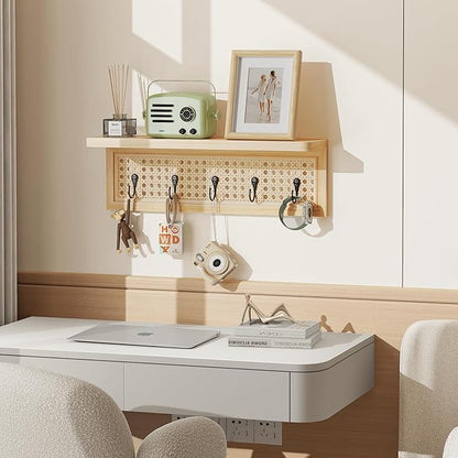 Homode Coat Rack Wall Mount with Shelf, Boho Rattan Entryway Wall Shelf with Hooks, Natural Wood Floating Shelves with 5 Pegs, Hanging Coat Hooks Hat Hanger for Nursery Bedroom Living Room Kitchen