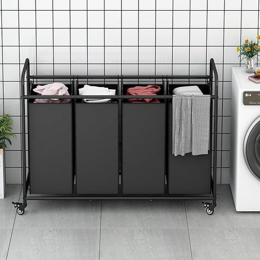 Laundry Sorter 4 Section Hamper Sorter with Heavy Duty Lockable Rolling Wheels Removable Bags Basket Separator for Dirty Clothes Storage,Black